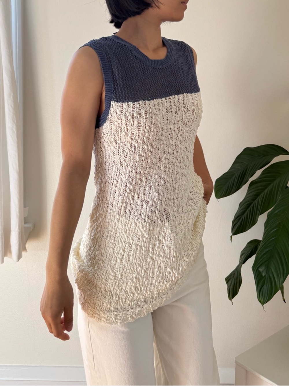 Peck And Peck 100% Cotton Open Knit Crochet Blue Cream Sleeveless Tunic Top S